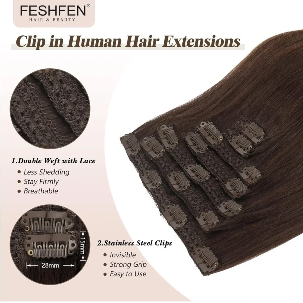 FESHFEN Clip in Human Hair Extensions color 1B 7 PCS 16 in 110g NWT